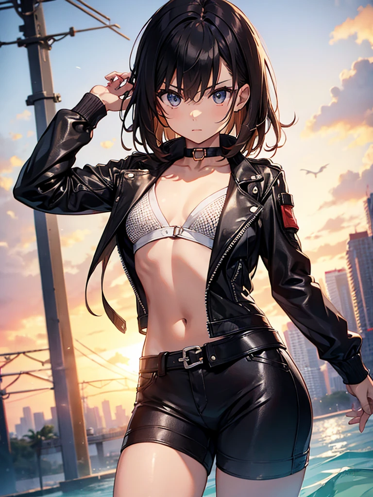 (flat chest:1.5), (flat chest:1.5), rider, Black Leather Jacket, Big Tits:1.5, Big Tits:1.5, Big Tits:1.5, Misaka Mikoto, 1girl, black choker, uhd, retina, masterpiece, ccurate, anatomically correct, textured skin, super detail, high details, high quality, best quality, highres, 4K