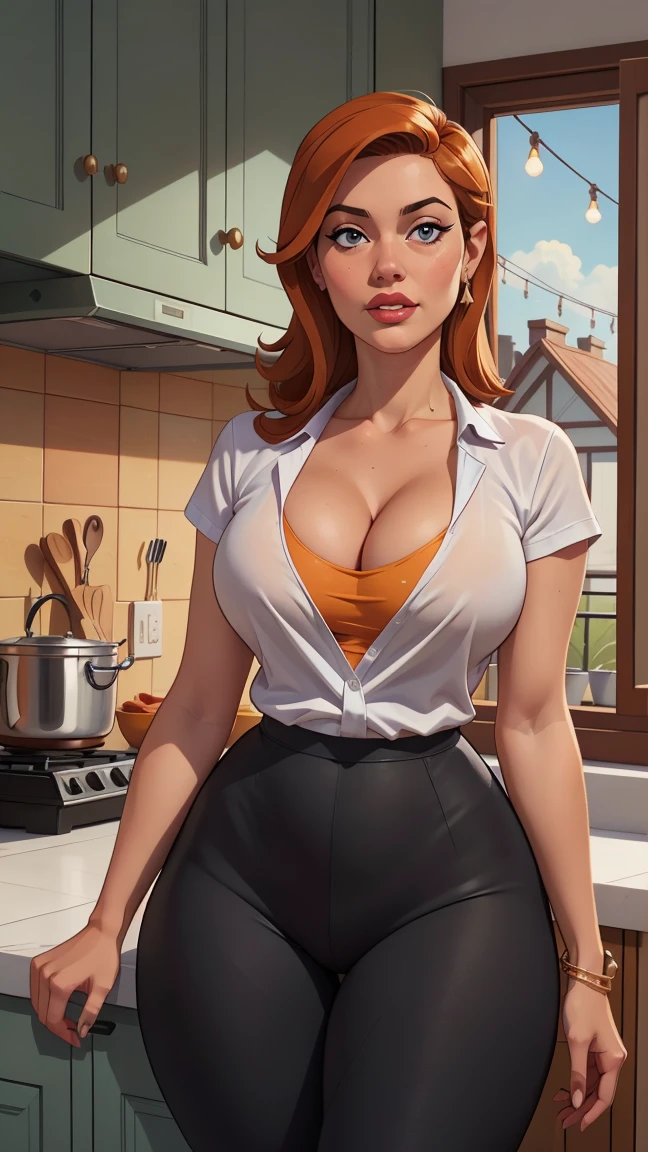 1 girl,(solo),(high-level image quality),(hight quality),(hight resolution),(detailed),(masterpiece),(artwork:1.2), (realistic), looking at viewer, Detailed eyes, perfect face, perfect eyes, Detailed face, Dexter's Mom, curvy, (t-shirt), cleavage, (leggings), kitchen, jewelry,(cowboy shot:1.5),