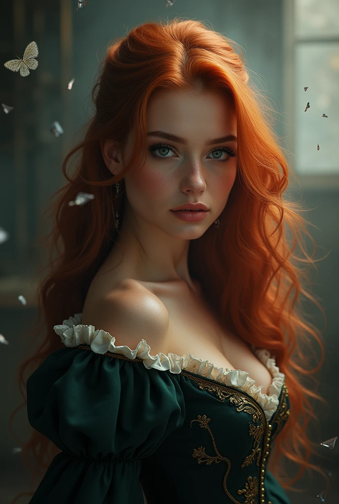 (solo, full body photo:1.3), (action packed:1.3), (haze, fog, mist:1.3), chiaroscuro, best quality, photorealistic, 1woman, (cute), (24yo:1.2), redhead, long ginger hair highly detailed, 1700'S, digital photography, art by artgerm and ruan jia and greg rutkowski surreal painting gold butterfly filigree, broken glass, (masterpiece, sidelighting, finely detailed Fashionable eyes: 1.2) (perfect oval large eyes that gazes at the viewer), beautiful detailed face, blue gorgeous perfect eyes, (blonde hair ponytail), (attractive young woman:1.3), (thick amazing hair), (seductive:1.1), (blushing:1.1)
