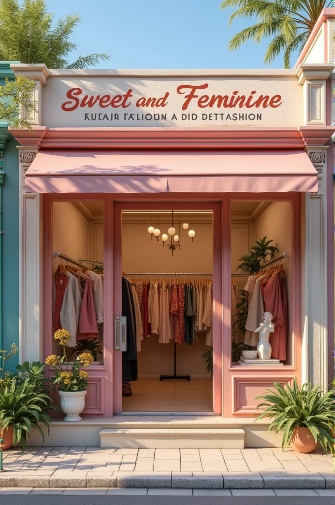 Facade of a Christian clothing store, Store name: Sweet and feminine Christian Fashion in Portuguese, The facade doesn't need to be so fancy