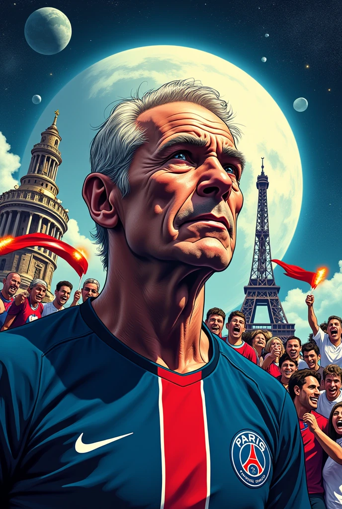 Un joueur de football (mais qui a 60 ans) en manga qui porte le maillot du paris saint germain dans l'espace avec des représentations de la ville de Paris qui réfléchit et qui se çoncentre en pensant à la ligue des champions et aux ennemis qui devra combattre pour arriver à son objectif avec en arrière plan, des supporters brandissant des echaroes Ultra auteuil et des fumigènes. Image qui représente l'espoir la fidélité