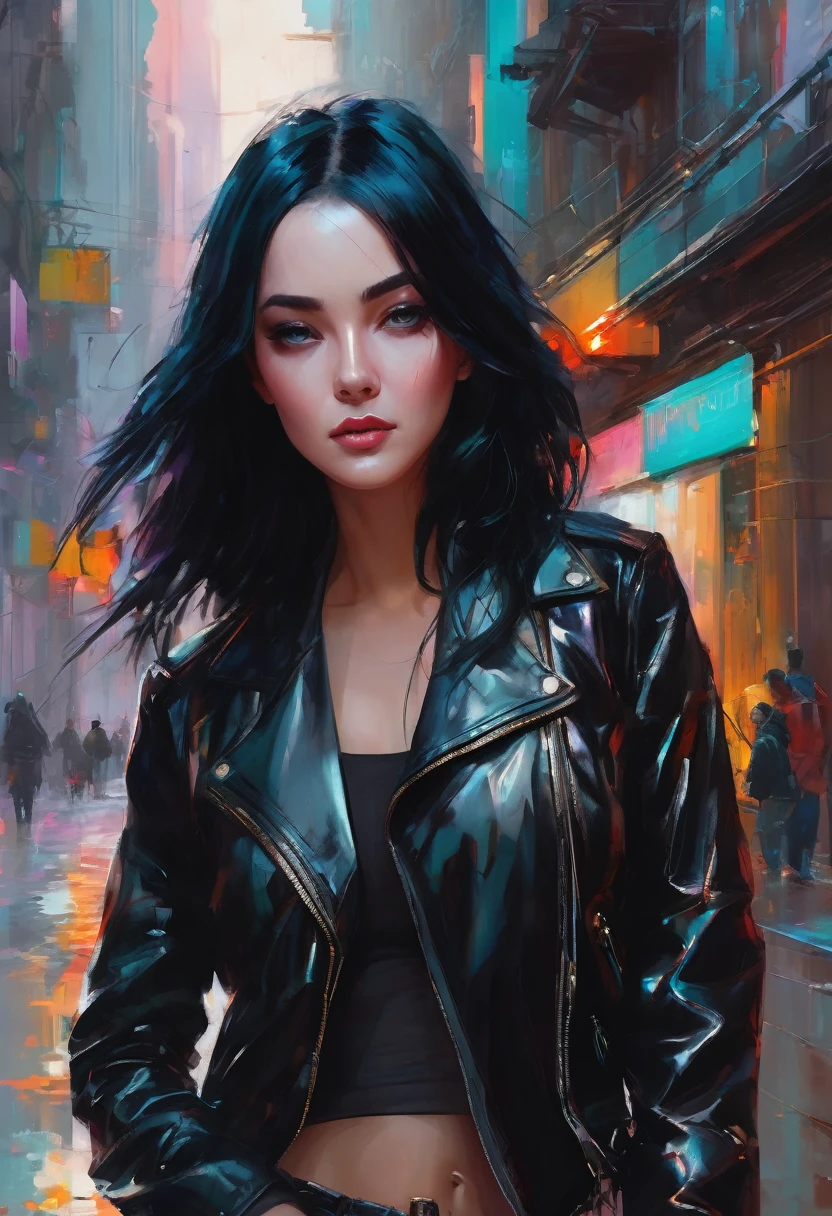 a woman with black hair wearing a leather jacket, inspired by rossdraws, gothic art, wadim kashin. ultra realistic, artwork in the style of guweiz, artstyleunknown, alejandro burdiso style art, vivid colors, gloss skin