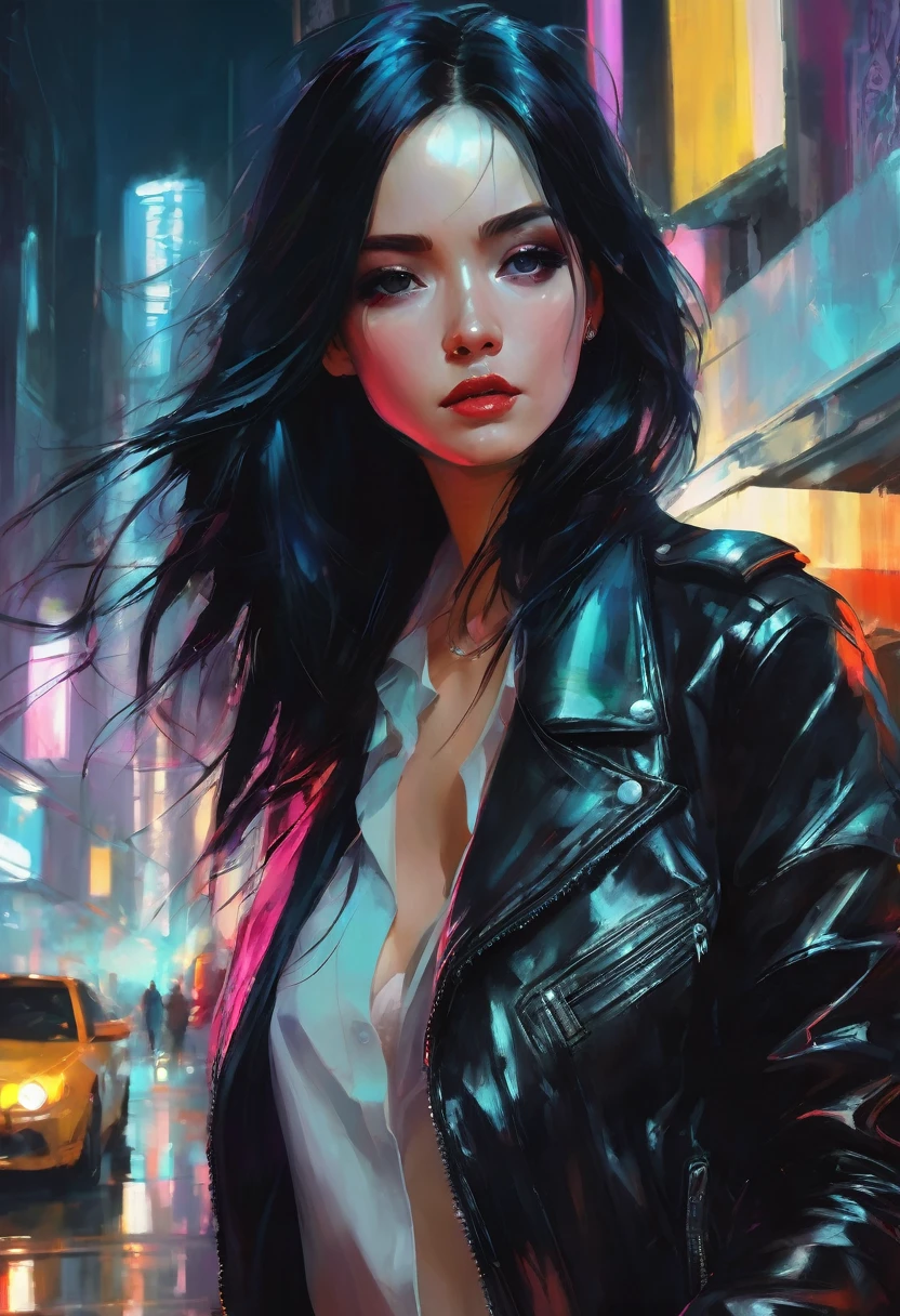 a woman with black hair wearing a leather jacket, inspired by rossdraws, gothic art, wadim kashin. ultra realistic, artwork in the style of guweiz, artstyleunknown, alejandro burdiso style art, vivid colors, gloss skin