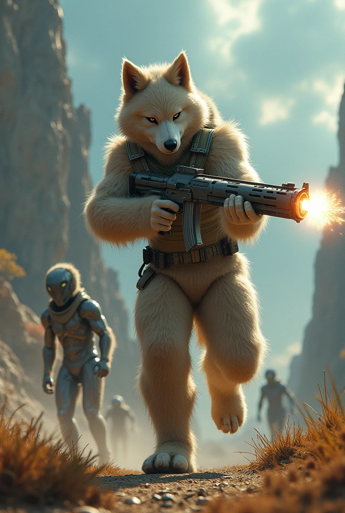 A man in a fursuit, shooting an antimatter gun at aliens while in a spacesuit on a weird planet