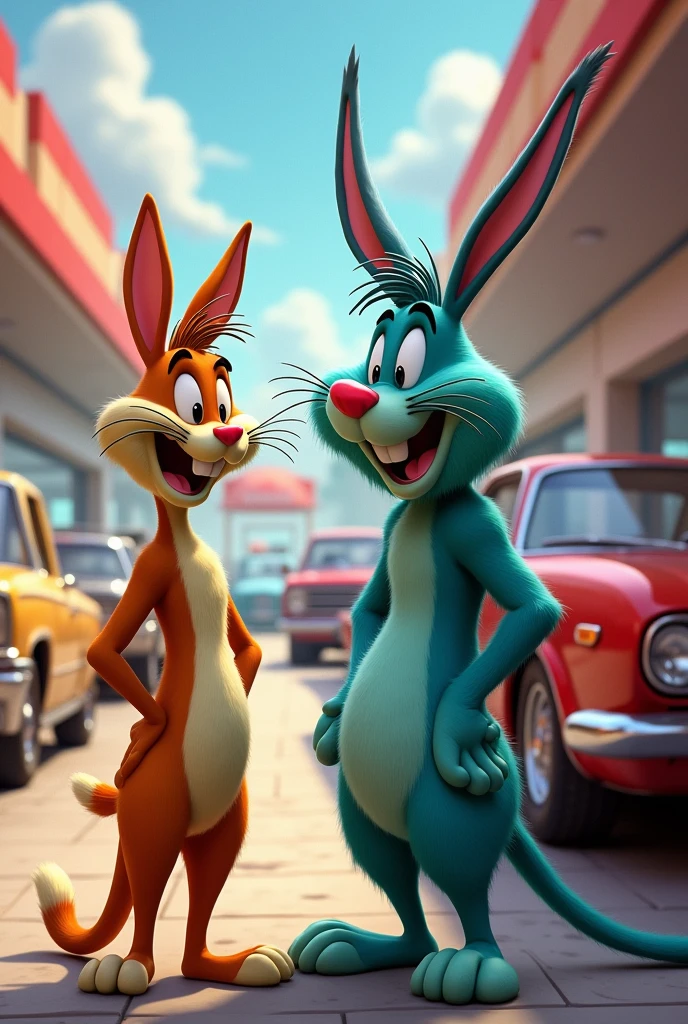 Sam Looney Tunes whiskers and Randall from Monsters Inc, selling cars