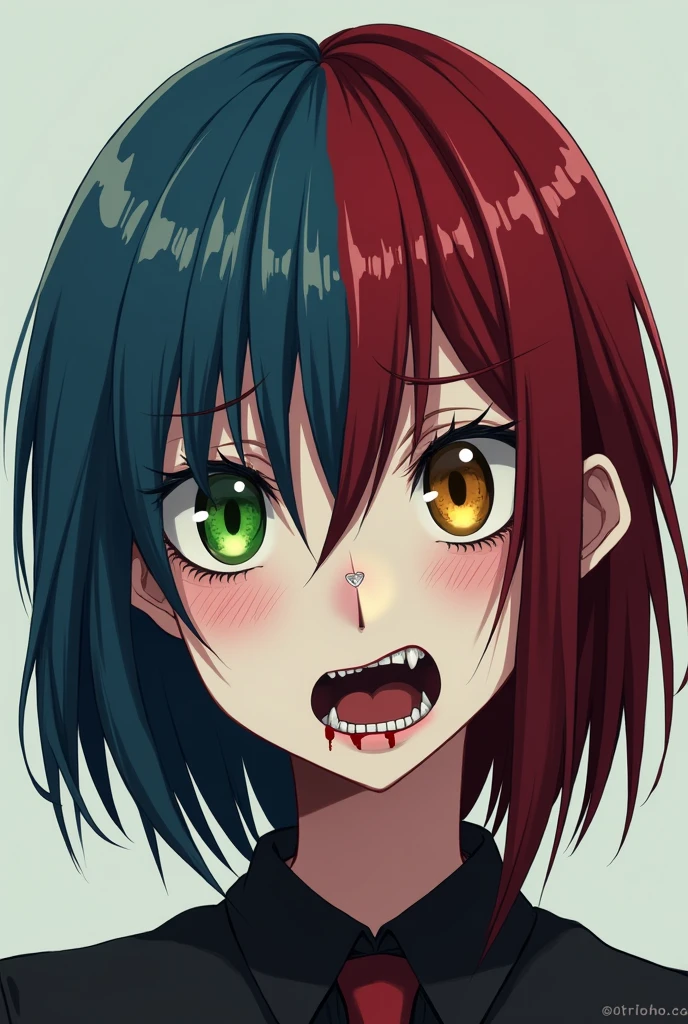 @Meta AI one half hair girl with one fearful with greenish eye left and one scared eye with yellowish right side and both eyelashesh have to be thick half blue hair and half red hair 2-D character like anime lips with blood and nose with piercing and bloody danger girl scary girl