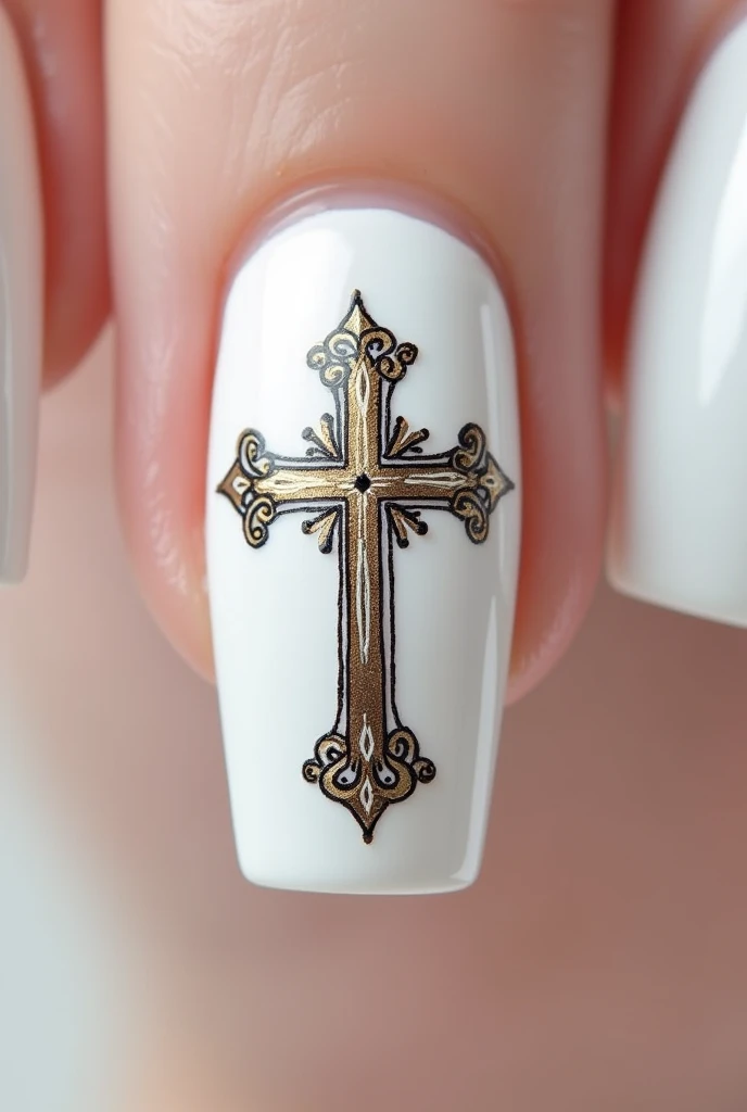 Decorated Christian cross painted on white gel nails