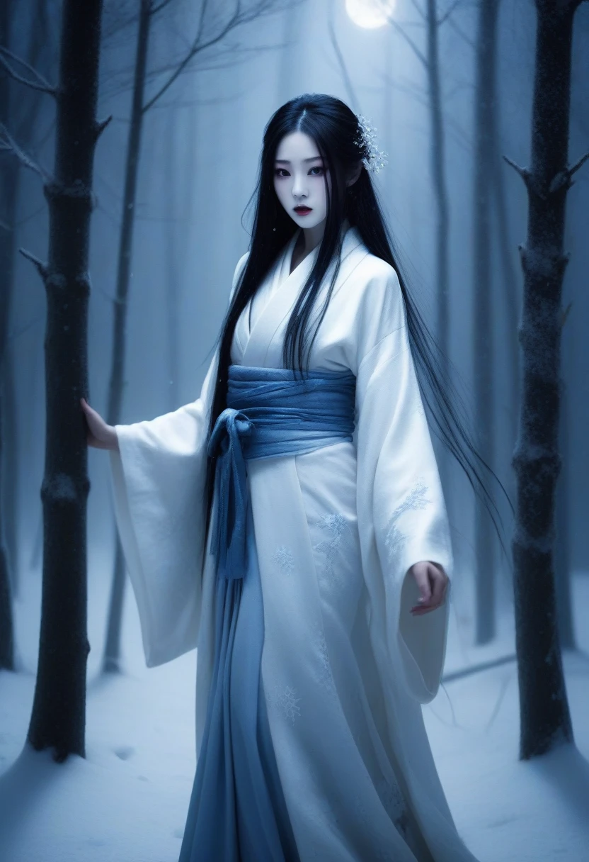 Snowstorm, masterpiece, High resolution, A terrifying and eerie depiction of a Yuki-onna, Yuki-onna from Japanese folklore. She stands in the dark, Snowy forest at night. Her long, Her flowing black hair blends into the shadows, Her white skin contrasts sharply with the darkness around her.. Her icy blue lips and sparkles, Ghostly eyes pierce the night. She was wearing a tattered white kimono.、It floats around the body, Adding to her ethereal and intimidating presence. Naked, Frost-covered trees around her々creaks in the cold wind, And faint, The moon&#39;s eerie glow casts an ominous shadow. Her cold and eerie expression、She sends shivers down the spine of anyone who sees her.。.