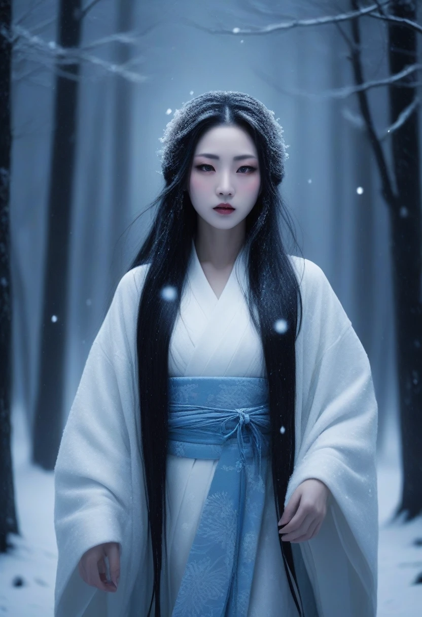 Snowstorm, masterpiece, High resolution, A terrifying and eerie depiction of a Yuki-onna, Yuki-onna from Japanese folklore. She stands in the dark, Snowy forest at night. Her long, Her flowing black hair blends into the shadows, Her white skin contrasts sharply with the darkness around her.. Her icy blue lips and sparkles, Ghostly eyes pierce the night. She was wearing a tattered white kimono.、It floats around the body, Adding to her ethereal and intimidating presence. Naked, Frost-covered trees around her々creaks in the cold wind, And faint, The moon's eerie glow casts an ominous shadow. Her cold and eerie expression、She sends shivers down the spine of anyone who sees her.。.