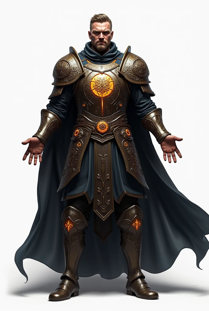 A front-facing full-body image of a medieval warrior in a T-pose, without a cape. The warrior is strong and muscular, wearing detailed and ornate armor with magical runes. He holds his arms outstretched to the sides, forming a T-shape. The image is set against a transparent background, with no additional elements or scenery, allowing a clear view of the warrior's entire body
