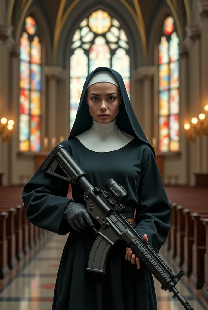 [Core Concepts] Beautiful young nun, Assault rifle in hand、Stand before the magnificent altar of a stately chapel.

[Character description] The nun is young々Successfully、It is depicted in a stunningly beautiful way、She's got a shaved head、Her look adds an unexpected edge、She has a huge rocket launcher.、The gun is pointed directly at the viewer、Creates tension and anxiety.

[environment/background] This scene is epic, A gorgeous chapel, Intricate stained-glass windows cast a colorful light all around.. The towering altar is the focal point, Emphasize a sacred and solemn atmosphere、

[Style and atmosphere] The overall atmosphere is grand and solemn.、Has militaristic and sinister connotations、The juxtaposition of the nun&#39;s beauty and the lethal weapon she wields、It creates tension that causes anxiety and agitation.、

[composition] The nun is positioned in the center of the frame, Her Hall々The figure and rocket launcher dominate the composition. Stained glass windows and an altar surround her., Creates a sense of depth、Add drama, The cinematic quality of the scene.

[Details and decoration] The nuns&#39; physical appearance is exaggerated, Her big, protruding chest, Further increasing the visual impact and sense of incongruity. The intricate architectural details and dramatic lighting of the chapel、Contributes to an overall sense of grandeur and majesty。.

[Technical Specifications] Images are rendered with a high level of realism and attention to detail, 視覚的に印象的で考えさせるcompositionを作成することに重点を置いています.