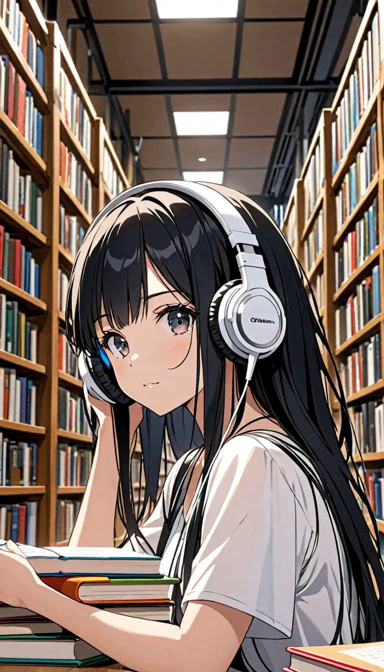 Beautiful and black hair, face with headphones in library