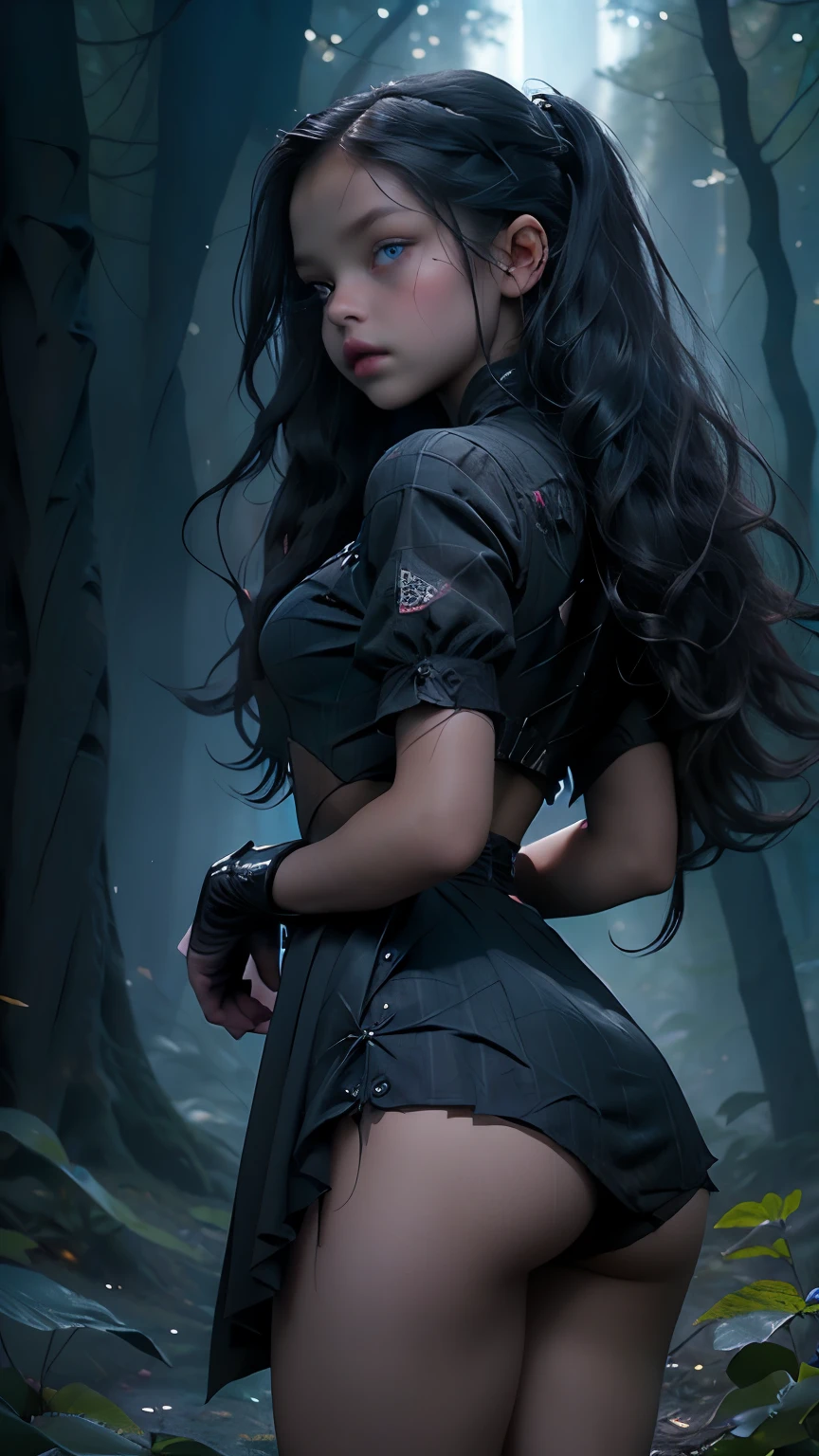 (rear view, backside view),Jenna Ortega as Wednesday Addams, with short Lolita dress, (dark forest background rojo:1.4) , score_9, score_8_above, score_7_above, score_6_above, Classification_explicit, 1 girl, ((18 years:1.2)), adult, full lips, big light eyes, light blue eyes, ((by rubio:1)), (long wavy hair: 1.2),(Jenna Ortega as Wednesday Addams:1.4), (Jenna Ortega as Wednesday Addams V2.1), (Face details: 1.5, bright blue eyes, beautiful face, pretty eyes, Iris lining, thin lips: 1.5, delgado, pale and sharp eyebrows, long, dark eyelashes, double tabs),(black skulls on the floor), (showing panties :1.4), (dark forest background :1.4),( perfect breasts), (beautiful weight),( Perfect anatomy) 