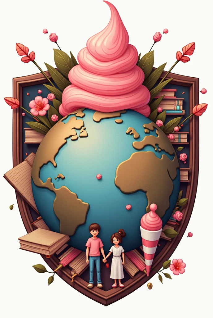 I need a shield, It should include notebooks or books, It should contain a globe with its original colors, It should include a family, a chocolate snow cone, All elements must be within the shield, Subtly incorporate the color pink.