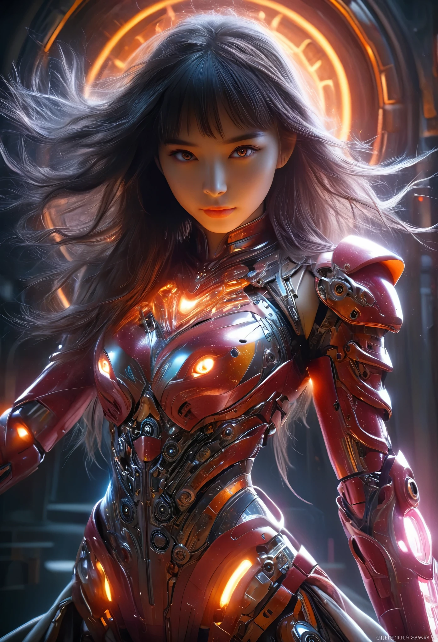 (Best Quality, 4K, 8K, High Resolution, Masterpiece: 1.2), (Super Detailed, Realistic, Photorealistic:1.37), A woman in futuristic clothing, Trending on cgstation, Trending on cgstation, (Portrait of a girl in the Knights of the Zodiac:1.4), blunt bangs, Cute Cyborg Girl, Perfect android girl, Portrait Astronaut Girl, Beautiful girl cyborg, (Girl wearing iridescent red and pink and orange mechanical cyber armor:1.3), Game CG, cgsociety and fenghua zhong, Beautiful Cyborg Shrine Maiden, Bioluminescence, (Yua Yaiba:0.5), (Golden eyes:1.5), Anatomically correct grip, (Sharp and long claws:1.4), erotic and sexy, black, wearing A gorgeous cape with beautifully detailed embroidery, (beautiful tits, beautiful breasts, beautiful nipples:1.5), (NSFW:1.5)