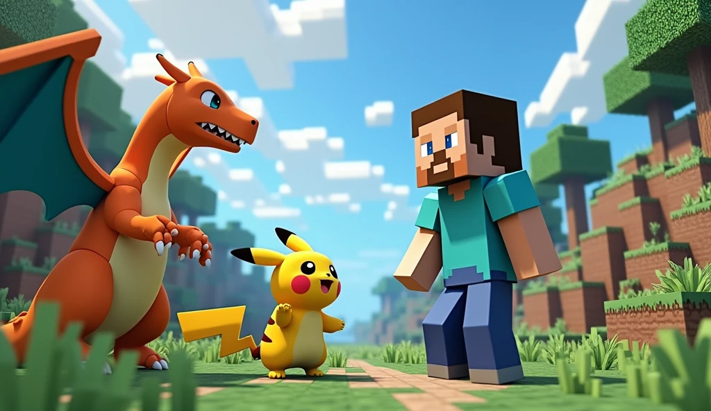 Minecraft Steve Surprised See Pokémon's Pikachu & Charezard High Resolution