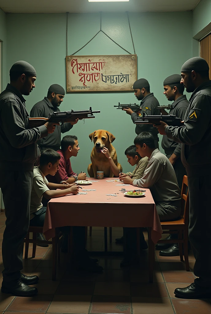  A  graphity which shows some bangladeshi gunmen standing besides the chair pointing their guns to the dining table where 7 bangladeshi University students sitting on chair are forced to eat at the dining table, a big dog named "Haun Uncle" is sitting on the  chair at the other side of the table and he is sucking his ball. On the wall written "Haun Uncle's Rice Hotel".


