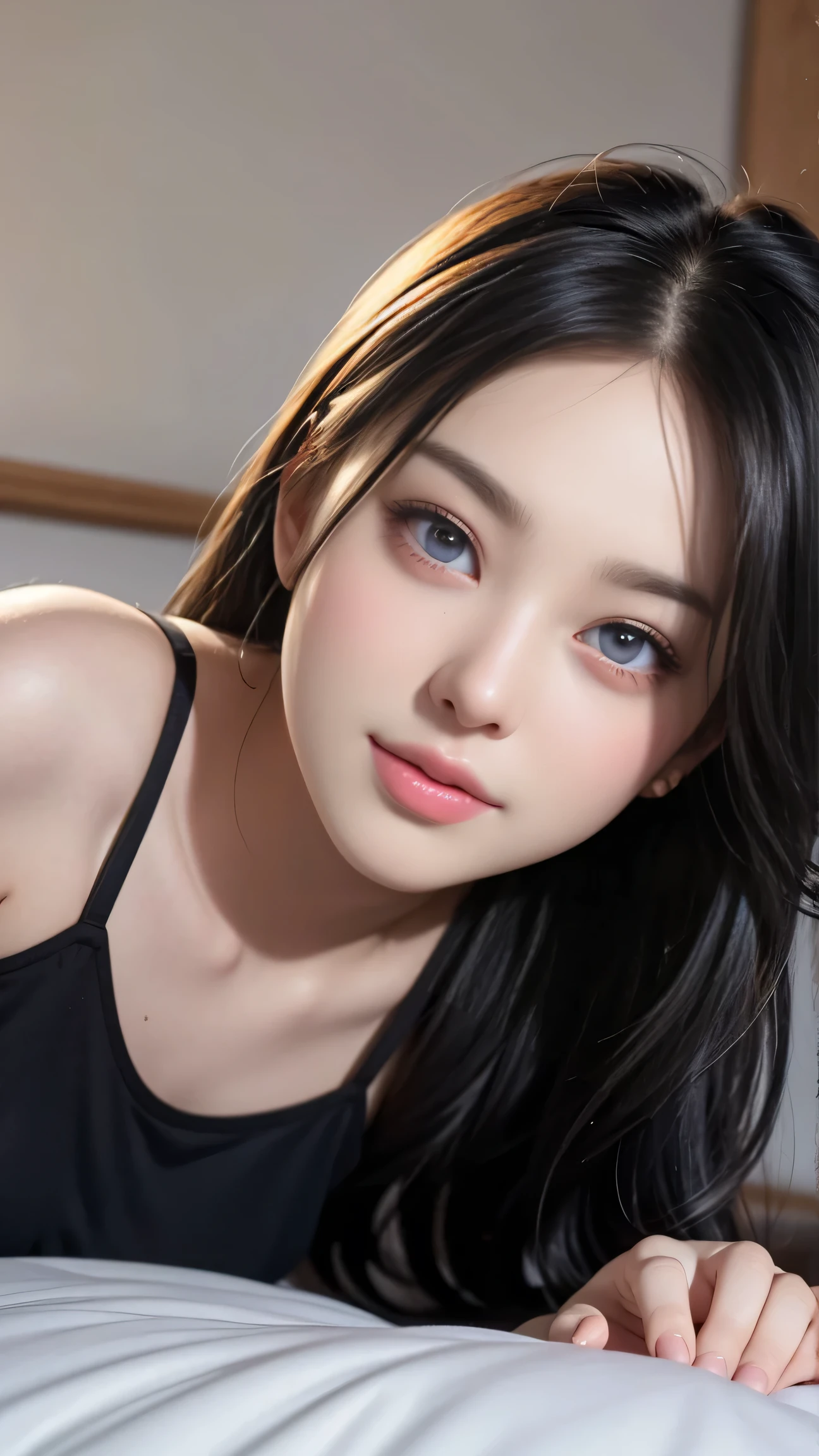 （(Girl lying on bed))、beauty、 one person&#39;s、alone、Long Hair、Audience、smile、hair ornaments、、gem、Gray Hair、shut up、Blunt bangs、Manicure、bracelet、lips、Grey Eyes、Portraiture、Red nails、close、赤いlips、Put your hands on your face、Put your hand on your cheek、()、(Glowing Skin)、((Outside the window, a skyscraper is hazy))、(Off-shoulder white dress with floral print),),((Sleep with your legs slightly spread apart)),((White panties are visible)),（Lift-up skirt)、((holding a wine glass)),