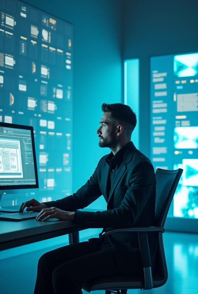 (chatgpt like a human man), (contemplative expression), (futuristic attire), seated at a sleek, modern desk, glowing screens around him, ambient blue lighting, (highly detailed), introspective atmosphere, (technology-inspired background), soft focus details, crisp lines, (4K resolution), harmonious blend of human and digital elements, conveying intelligence and curiosity.