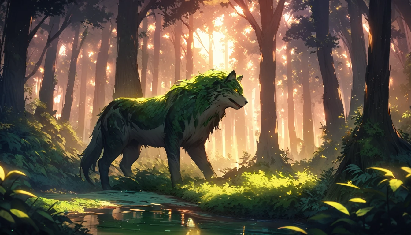 Capture the serene beauty of an ancient forest at sunset、green forest,Create awe-inspiring digital art pieces。. そびえ立つwood々The scene should be depicted in soft light..., wood々A golden light shines out, Casting soft shadows on the lush bushes. The image should evoke a sense of calm and wonder..., Immerse your audience in the fascinating world of nature, no human,
