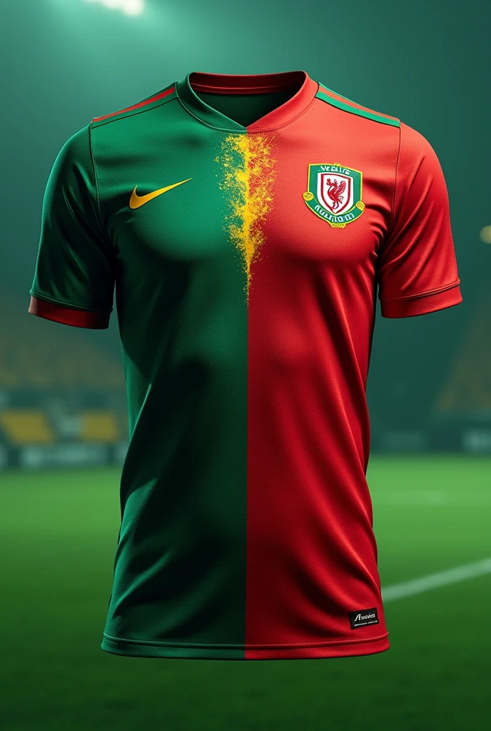 Make a football jersey template where deep green and red color will mixed. Add some yellow color as well but not that much. Only few places. Add some white color and more yellow color