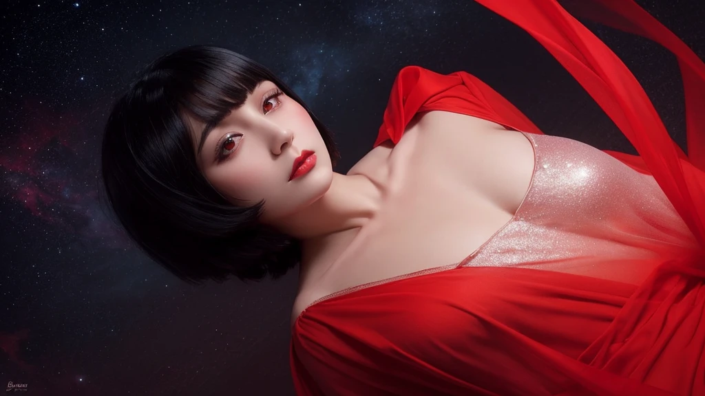 Delicate and dainty young Dracula woman with shiny bob-cut black hair . She is wearing bright red. The background is a fantastic and ethereal night sky that seems to be haunted by a specter. Her expression is stern and atmospheric. Angle from directly below.