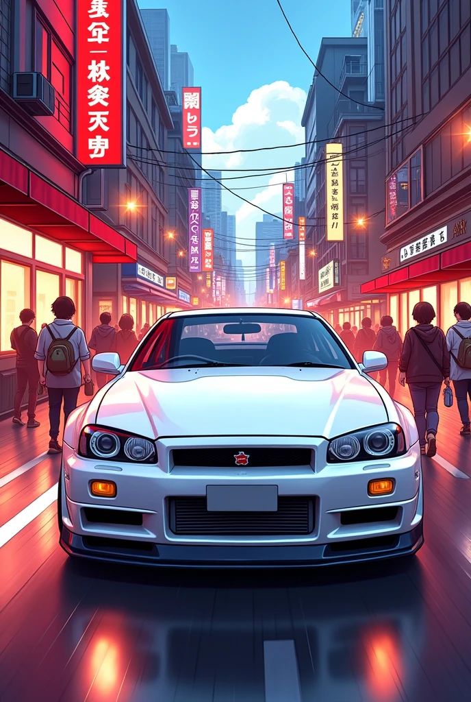 A white Nissan Skyline GTR R34 drawn in cartoon style, On the streets of an anime city, brightly lit with people walking down the street and watching the car, the city looks a little reddish and very beautiful, wallpaper 4k, 4 k wallpaper