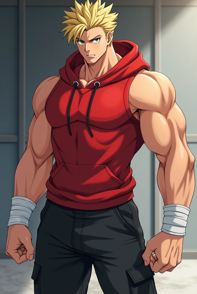 Male anime character, athletic physique, strong, sleeveless red sweatshirt with hood, arms, thin white bands that surround both forearms, leaving the fingers visible, black cargo pants, white tennis shoes, blond hair, quiff, parted to the right side, thick and spiky, starting long in the front and cutting back, never split bangs, half to the side, dominant left side, slightly longer bangs, shorter on the left side