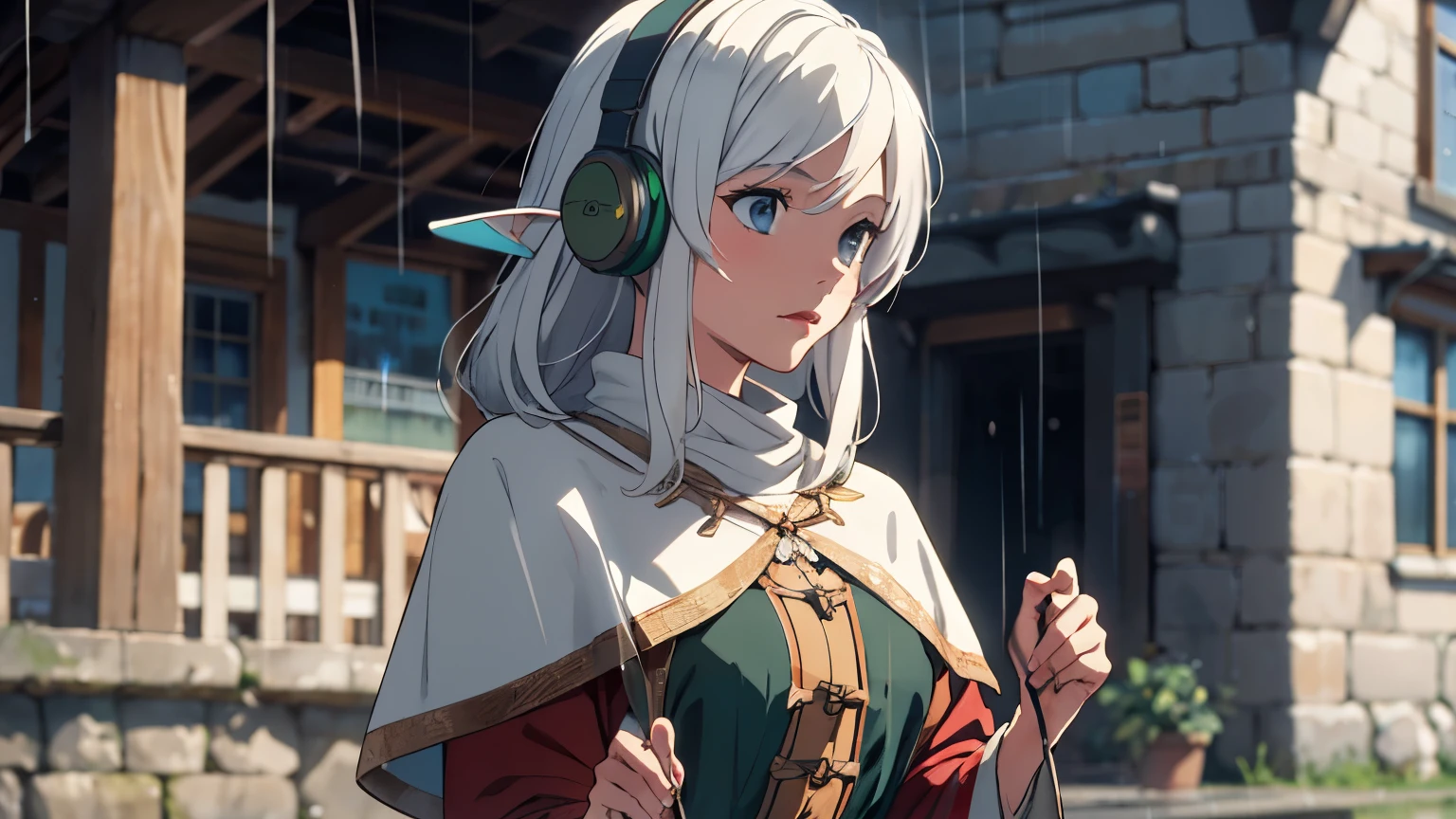 elf girl with white hair, wearing medieval dress, wearing headphone, watching the rain, medieval town.