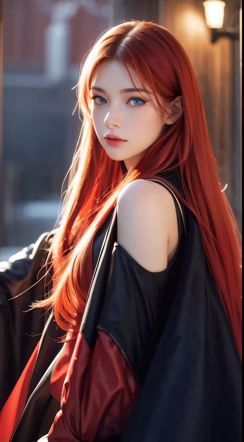 best quality, 4K, high resolution, masterpiece:1.2, Super Ultra Detail, (realistic, realistic, realistic:1.37), vibrant, Heterochromia of red and blue eyes,Strong gaze,Mesmerizing eye contact,Fiery irises,Deep blue shining stars,shining pupils,vivid colors,portrait,fantasy art,Magical red glow,heavenly beauty,Red color palette,Long yellow hair,Cloak like crimson