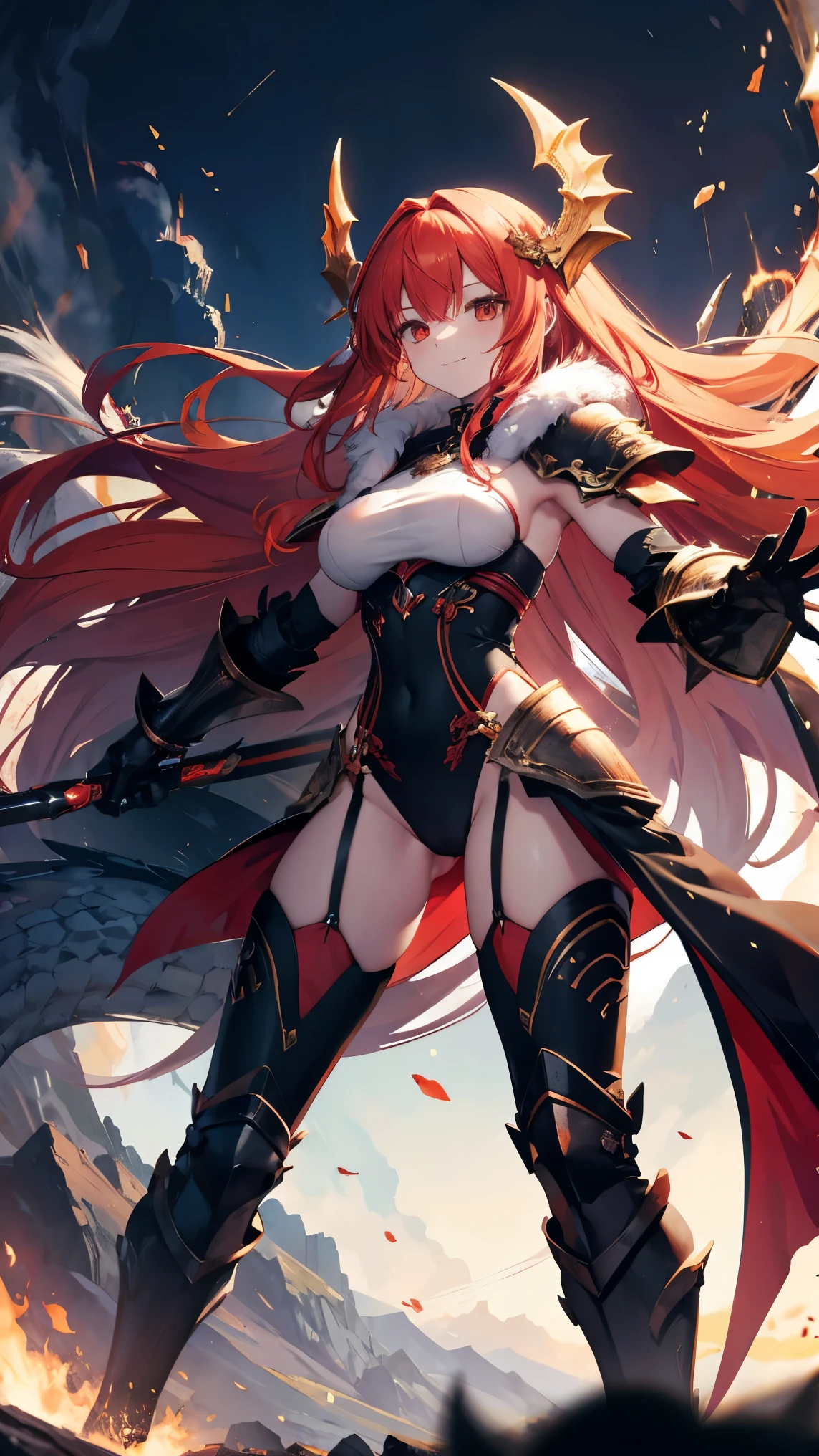 ,Highest quality,Red Hair,White skin,Orange Eyes,Very long hair,Large Breasts,Dragon's Eye,fur,smile,Dragon Horn,Standing with your legs apart,Toned body,slender,Clasping hands,inflammation,armor