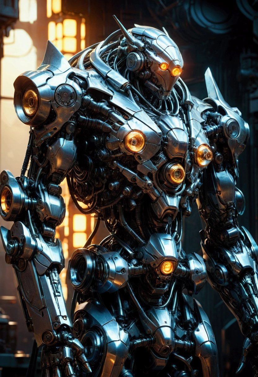 Giant Weapon, a massive futuristic mecha robot, highly detailed mechanical parts, intricate gears and pistons, glowing energy core, dramatic pose, cinematic lighting, sci-fi atmosphere, metallic sheen, depth of field, 8k, concept art style, masterpiece, best quality, very aesthetic, absurdres