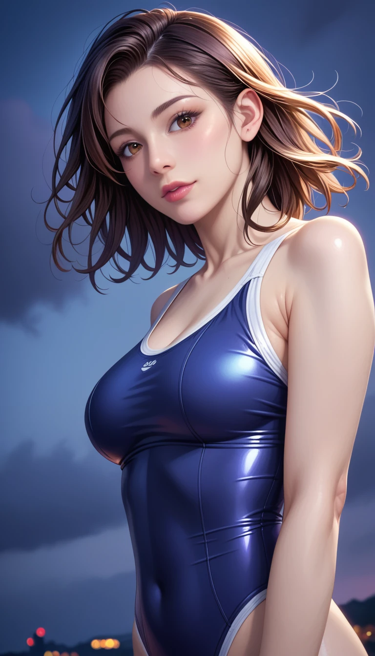 score_9, score_8_superior, score_7_superior, High resolution 3D anime style,A masterpiece in 32K resolution,Highest quality,it is really amazing,Very detailed,Ultra-high resolution,Ultra-realistic,Realistic,Increased depth of field,Cinematic lighting,
(Sexy mature Japan woman:1.1),
black straight medium hair,Ultra-detailed and beautiful face,Calm and gentle look,Beautiful brown eyes,Translucent white skin,Realistic skin texture,Great proportions,
Elegant high leg swimsuit,
Simple design,Chic color scheme,Detailed fabric texture,
(Dark overcast sky on a dull night:1.1),(Dark clouds filling the sky:1),(Thundercloud:1),Coastline at night,Stormy seas,(delay々A desolate sandy beach that continues:1),
Cinematic Angle,