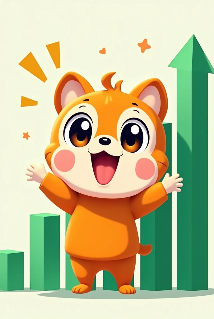 Cute anime character in orange clothes, feeling happy, next to it is the rising price chart of crypto with green bars