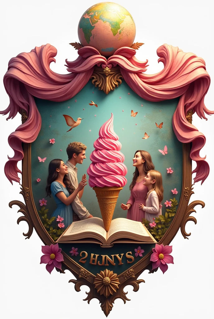 I need a shield, It should include notebooks or books, It should contain a globe with its original colors, It should include a family, a chocolate snow cone, All elements must be within the shield, Subtly incorporate the color pink.
