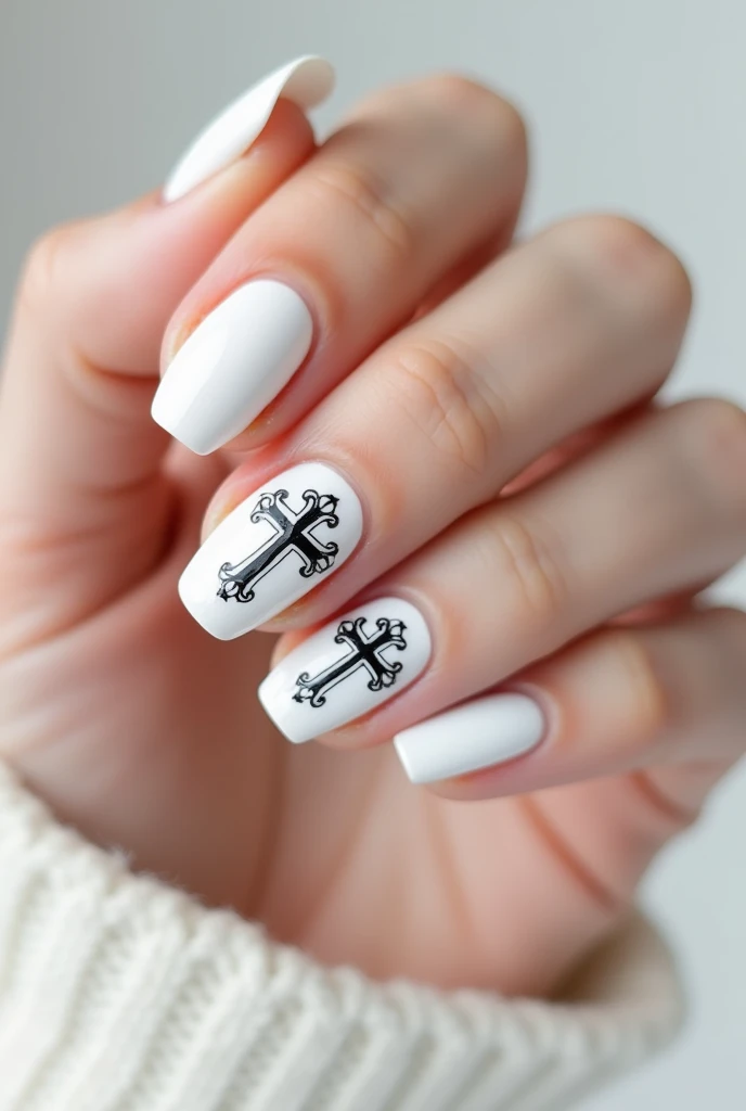 Decorated black Christian cross painted small on white gel nails