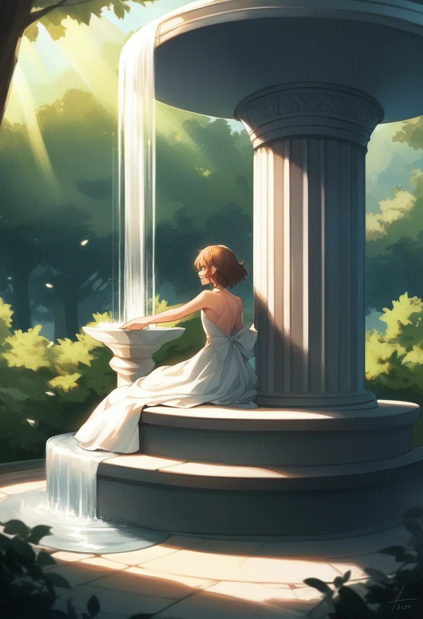 1girl, 独奏, Sunburned skin, Dress, bare shoulders, Fountain in the forest, sitting with feet in the fountain, He lowers his face and stares at the sparkling water., Sunlight filtering through the trees, He is looking at her from behind, Her supple, stretched back is very lustrous., profile, Smiling, 