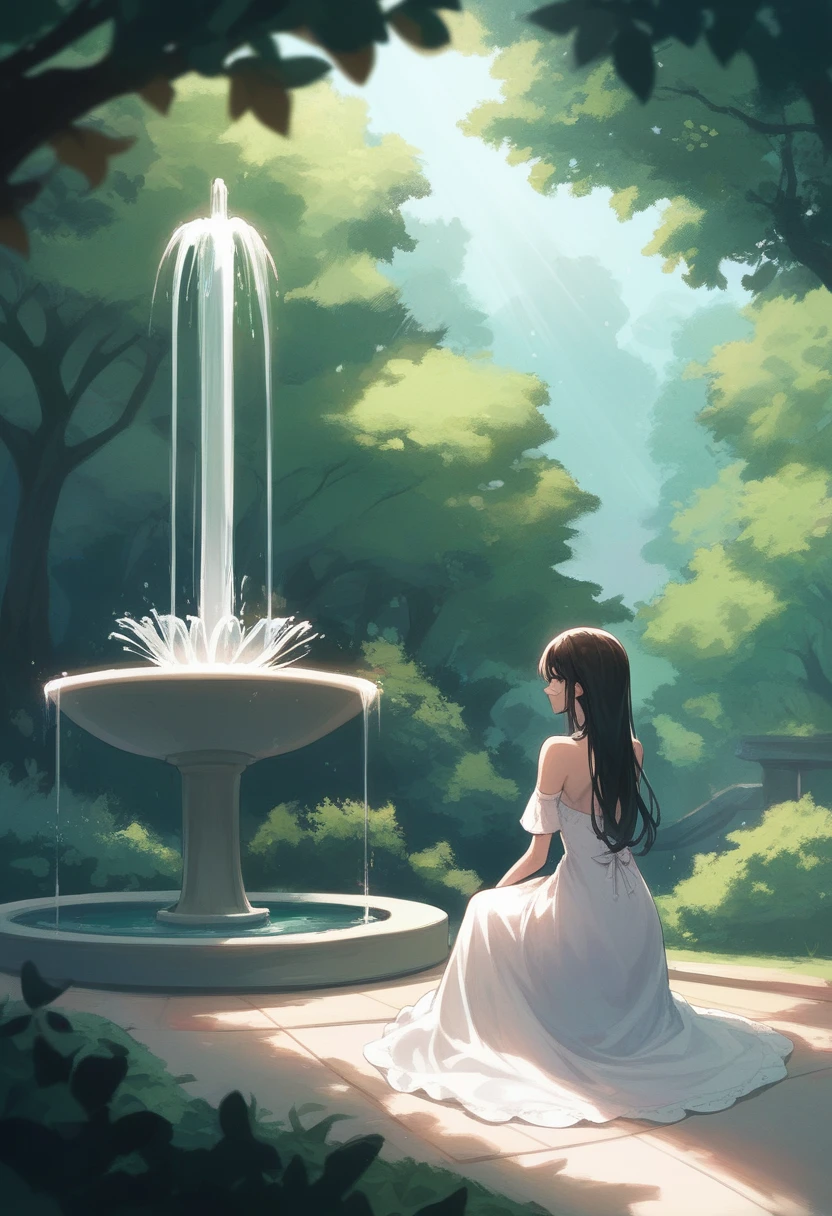 1girl, 独奏, Sunburned skin, Dress, bare shoulders, Fountain in the forest, sitting with feet in the fountain, He lowers his face and stares at the sparkling water., Sunlight filtering through the trees, He is looking at her from behind, Her supple, stretched back is very lustrous., profile, Smiling,