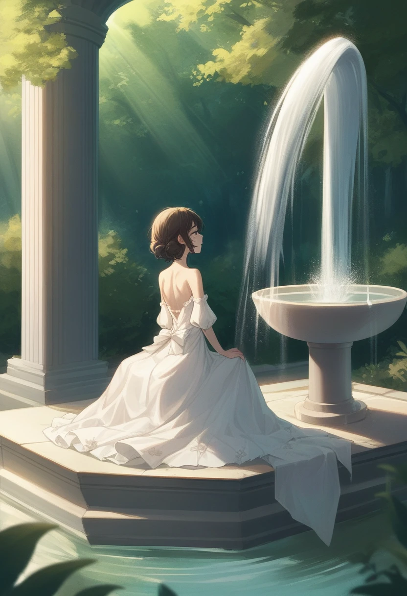 1girl, 独奏, Sunburned skin, Dress, bare shoulders, Fountain in the forest, sitting with feet in the fountain, He lowers his face and stares at the sparkling water., Sunlight filtering through the trees, He is looking at her from behind, Her supple, stretched back is very lustrous., profile, Smiling, 