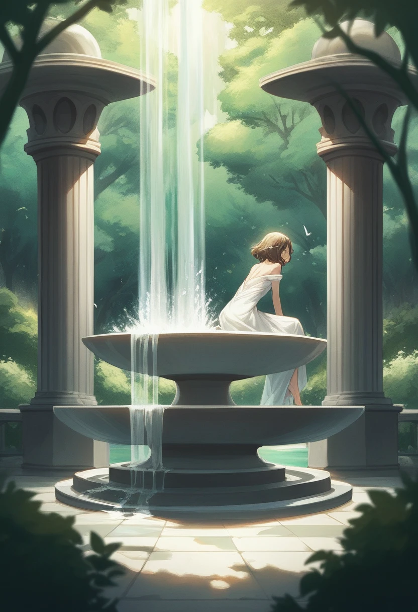 1girl, 独奏, Sunburned skin, Dress, bare shoulders, Fountain in the forest, sitting with feet in the fountain, He lowers his face and stares at the sparkling water., Sunlight filtering through the trees, He is looking at her from behind, Her supple, stretched back is very lustrous., profile, Smiling,