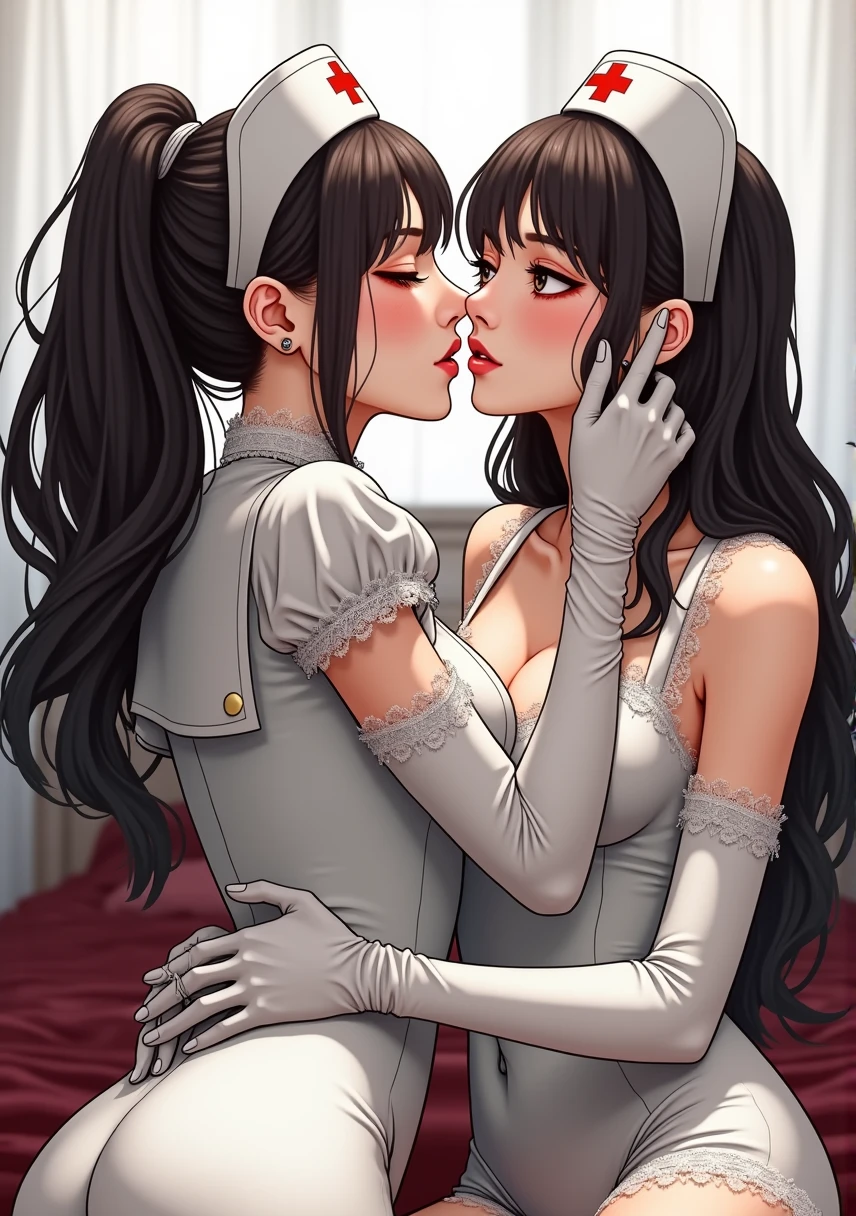 ((original photography:1.2, best quality)), photographic art，Extremely detailed, Ultra-precise depiction, Ultra-fine drawing, (tangled:1.2), (007 movie atmosphere), at bedroom，2 Korean women,Korean Model， Very detailed face， (best quality, Beruca, Gloves), ((complicated nurse uniform:1.3)), Very detailed lace underwear and long silk stockings，lace choker, Gloves, long legs, High heel, damaged nurse uniformcleavage，Long legs，two twins women standing together，(kissing）,Embrace each other,