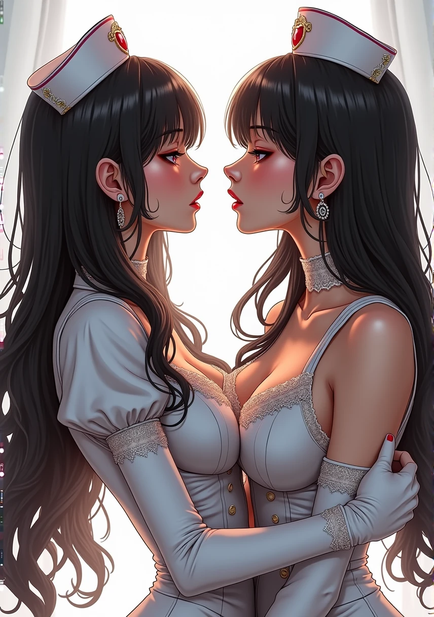 ((original photography:1.2, best quality)), photographic art，Extremely detailed, Ultra-precise depiction, Ultra-fine drawing, (tangled:1.2), (007 movie atmosphere), at bedroom，2 Korean women,Korean Model， Very detailed face， (best quality, Beruca, Gloves), ((complicated nurse uniform:1.3)), Very detailed lace underwear and long silk stockings，lace choker, Gloves, long legs, High heel, damaged nurse uniformcleavage，Long legs，two twins women standing together，(kissing）,Embrace each other,
