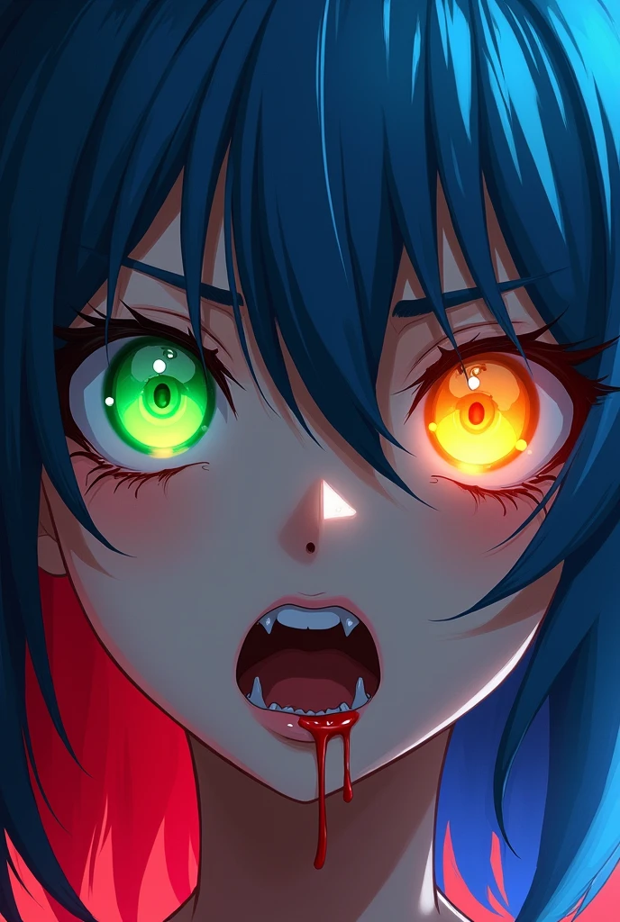 @⁨Meta AI⁩ one half hair girl with one fearful with greenish eye left and one scared eye with yellowish right side and both eyelashesh have to be thick half blue hair and half red hair 2-D character like anime lips with blood and nose with piercing and bloody danger girl scary girl darkest fear most scary