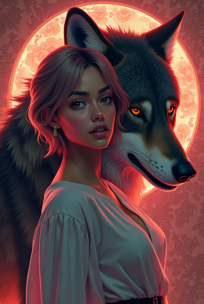 prompt: create an 8k, hyper realistic, airbrush glossy gta v cinematic poster style image of a beautiful girl with a soft sexy short
hair shape
name Aa pink
long hair beside a large, snarling wolf with intricate Reggie background