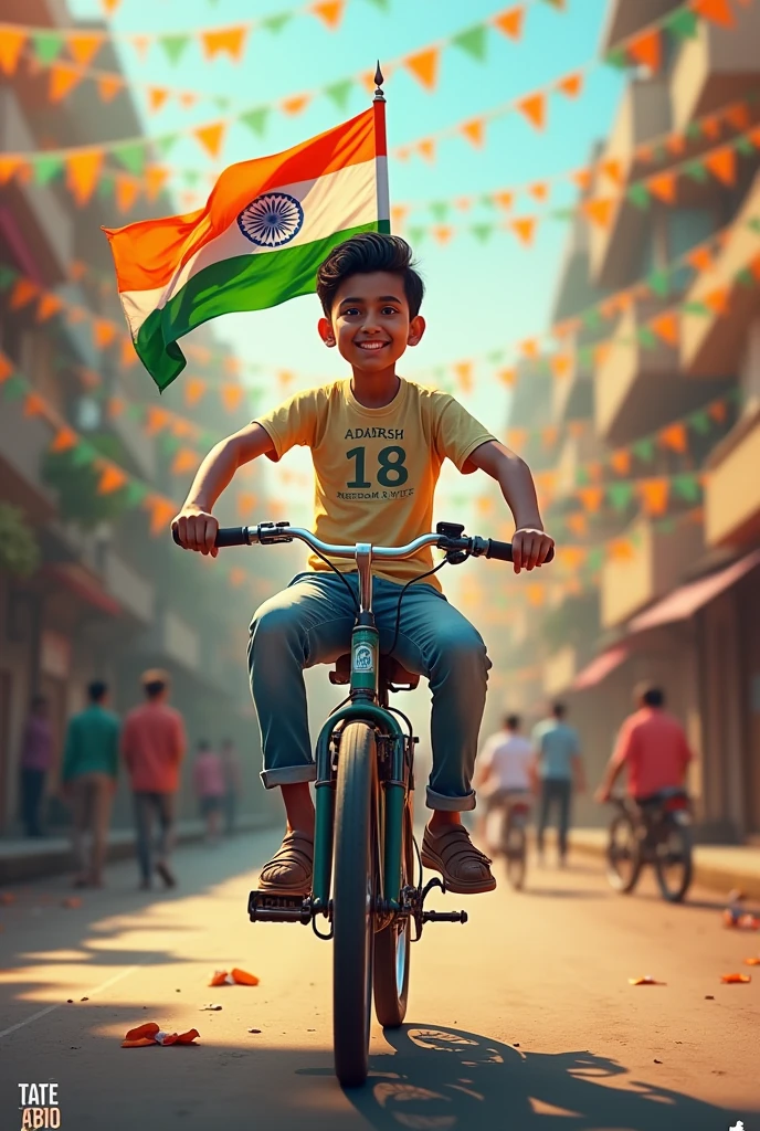 Prompt: “Scene of a 18-year-old Indian boy riding a bicycle with the Indian flag attached to the back. The streets are decorated with tricolor flags and streamers. His t-shirt reads ‘Adarsh,’ and the text ‘Freedom Ride’ is displayed in 3D at the top.”
