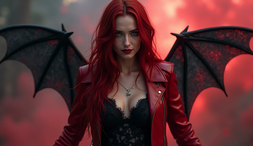 extremely detailed photo of a woman, loraelizabeth, scarlet witch, avengers, wearing a black lace dress, open red leather jacket, 8k hd, Raw photo, model photo shoot(work of art, best qualityer), ((1 girl, (mature woman) long hair), (star-shaped pupils, +_+, symbol-shaped pupils, glare eyes), (Cat's ears, open your mouth open)), (looking ahead at viewer, drlight smile, Off The Shoulder), (abstrato, multi-colored background, abstrato background, Chromatic aberration), vampyre, blood in The face, blood on clothes, bat wings