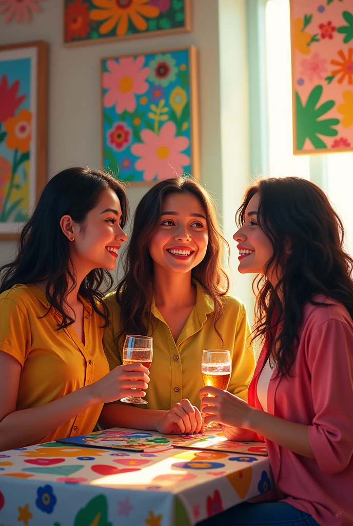 Various settings like homes, offices, and public spaces with Mousumi’s colorful art prominently displayed, people admiring her work.
Despite her success, Mousumi remained deeply connected to her friends.
Image Prompt: Mousumi with Priya and Mamu in a celebratory setting, sharing laughter and joy together, surrounded by her artwork.
Priya and Mamu had been her steadfast supporters through thick and thin