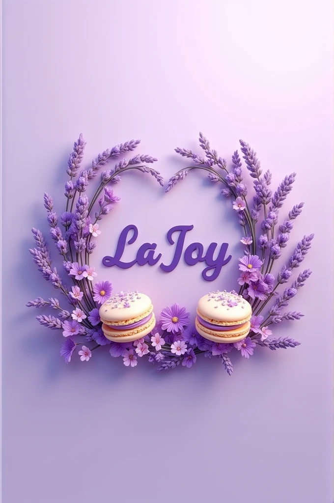 Create a lilac background logo with details featuring lavender flowers and sweets, where the company name is LaJoy