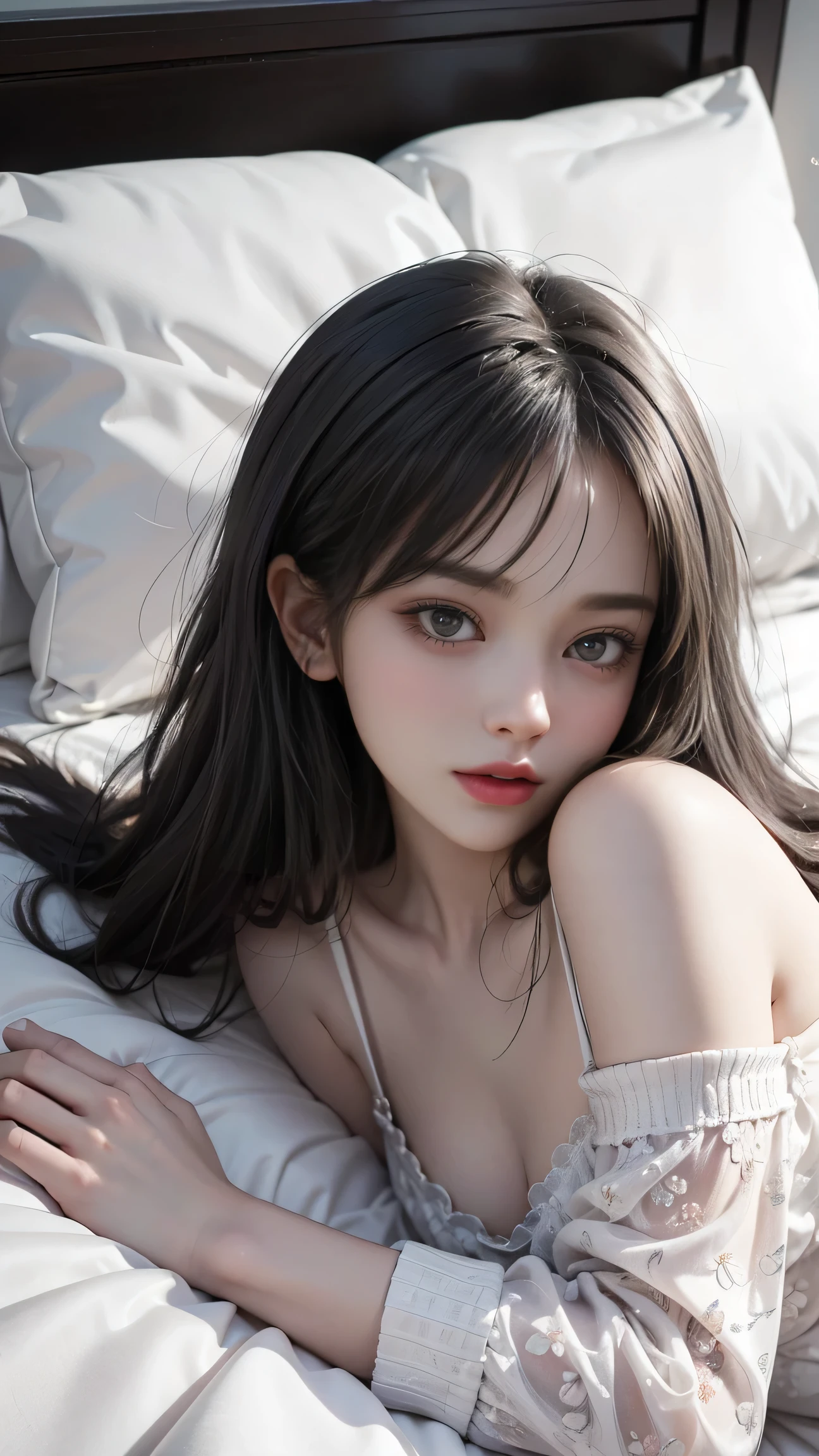 ((Girl lying on bed))、beauty、 one person's、alone、Long Hair、Audience、smile、hair ornaments、、gem、Gray Hair、shut up、Blunt bangs、Manicure、bracelet、lips、Grey Eyes、Portraiture、Red nails、close、赤いlips、Put your hands on your face、Put your hand on your cheek、()、(Glowing Skin)、((Outside the window, a skyscraper is hazy))、(Off-shoulder white dress with floral print),),((Sleep with your legs slightly spread apart)),((White panties are visible)),(Lift-up skirt)、((holding a wine glass)),