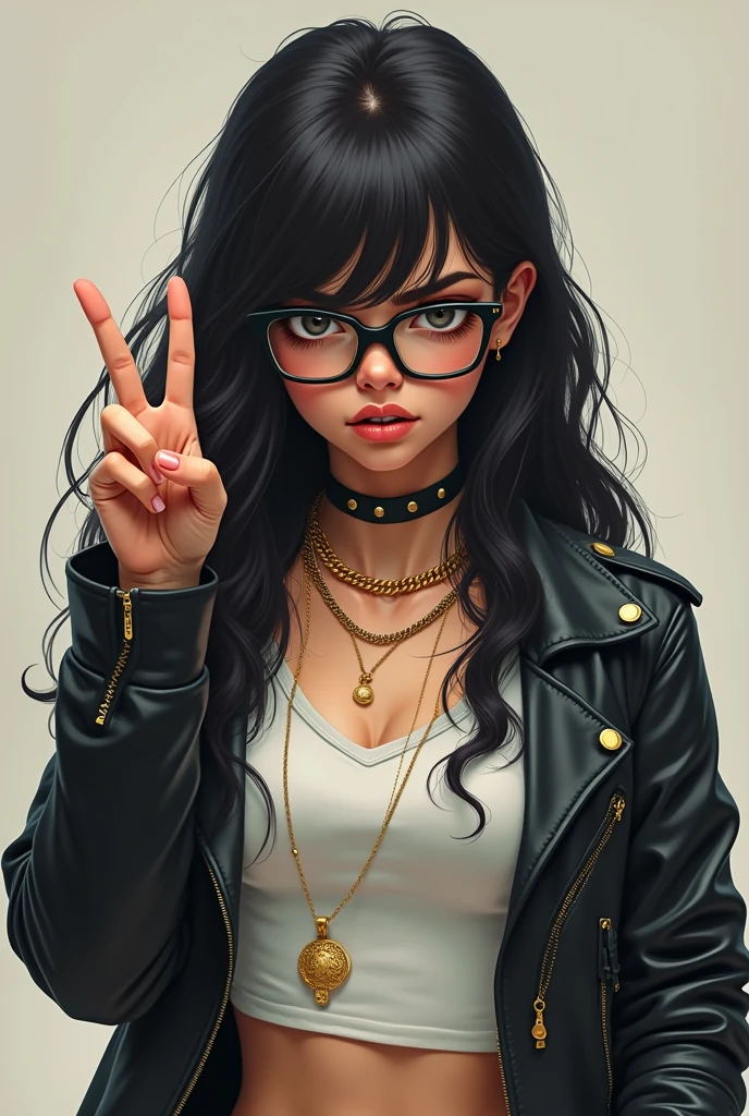 a female with hair.negro largo sin Flequillo en la frente lentes negros mediana de estatura haciendo✌🏻 con cara de enojada y cadenas de oro y anillo de oro parada defiacentemente con un top blanco una cadaca de cuero negro